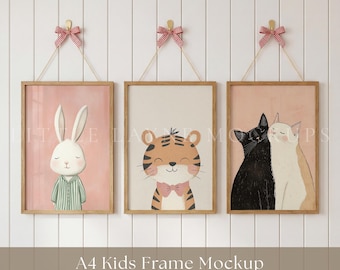 Kids Frame Mockup PSD, A4 Frame Mockup Set, Nursery Wall Art Mockup, Three Frame Mockup, Hanging Frame Mockup, Kids Room Mockup