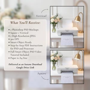 May include: A white Canon printer with a printed design on a sheet of A4 paper. The image includes a gold desk lamp, a vase of flowers, and text that reads "What You'll Receive:" and "Your Design Here."