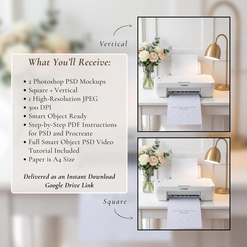 May include: A white Canon printer with a printed design on a sheet of A4 paper. The image includes a gold desk lamp, a vase of flowers, and text that reads "What You'll Receive:" and "Your Design Here."