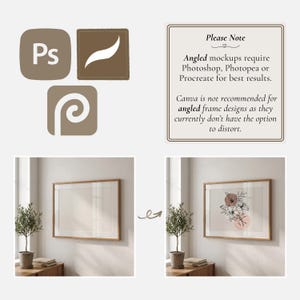 Op de afbeelding: Afbeelding met software-iconen voor Photoshop, Procreate en een andere applicatie. Een ingelijste mockup wordt getoond, die overgaat van een leeg canvas naar een bloemenontwerp. Tekst adviseert het gebruik van Photoshop, Photopea of Procreate voor schuine mockups.
