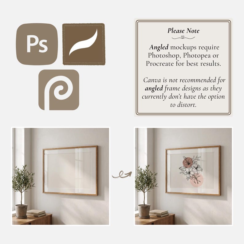 Op de afbeelding: Afbeelding met software-iconen voor Photoshop, Procreate en een andere applicatie. Een ingelijste mockup wordt getoond, die overgaat van een leeg canvas naar een bloemenontwerp. Tekst adviseert het gebruik van Photoshop, Photopea of Procreate voor schuine mockups.