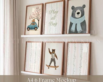 A4 Gallery Wall Mockup PSD, 6 Frame Mockup, A4 Frame Mockup, Gallery Shelf Mockup, Editable PSD Mockup, Realistic Kids Home Decor Mockup