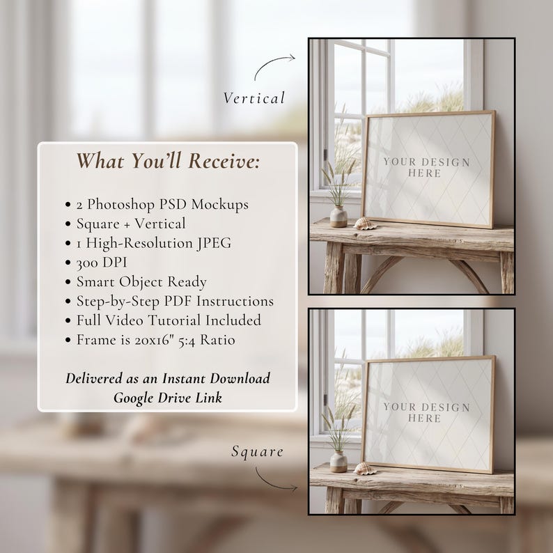 May include: Two mockups of framed art with the text "YOUR DESIGN HERE" displayed on a wooden table. The frames are 50.8 x 40.6 cm with a 5:4 ratio. The image also includes a list of what the buyer will receive, including Photoshop mockups and instructions.
