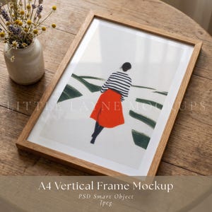 Mockup di cornice verticale A4 PSD, mockup di cornice in legno realistica, mockup di arte murale, flatlay A4