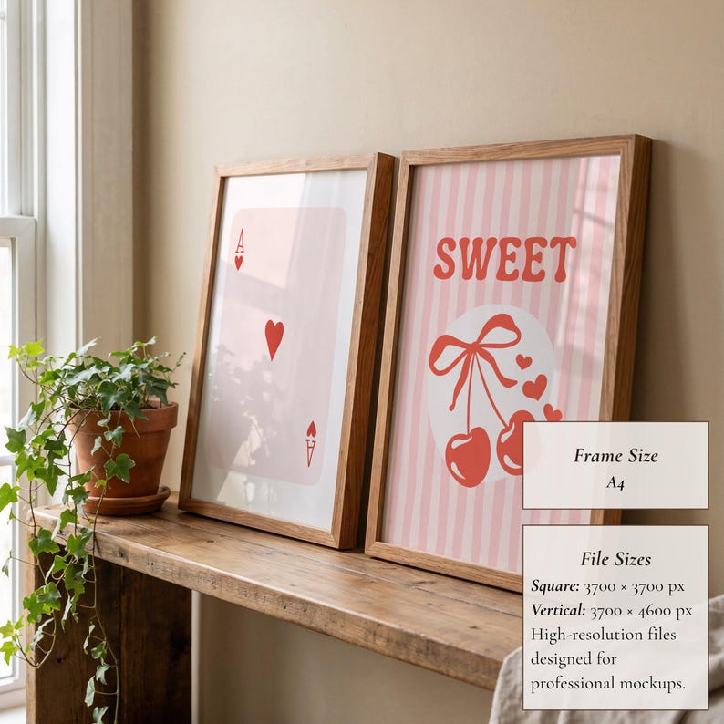 May include: Two framed art prints. One shows an Ace of Hearts playing card, the other says "SWEET" with cherries and hearts. Both are in light wood frames. The prints are displayed on a wooden shelf with a potted plant.