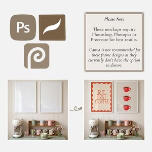 May include: Image showcasing a mockup design with framed art prints. The prints feature coffee-themed artwork, including the text "BUT FIRST COFFEE" and red coffee cup illustrations. The image also displays software icons and a note about using Photoshop, Photopea, or Procreate.