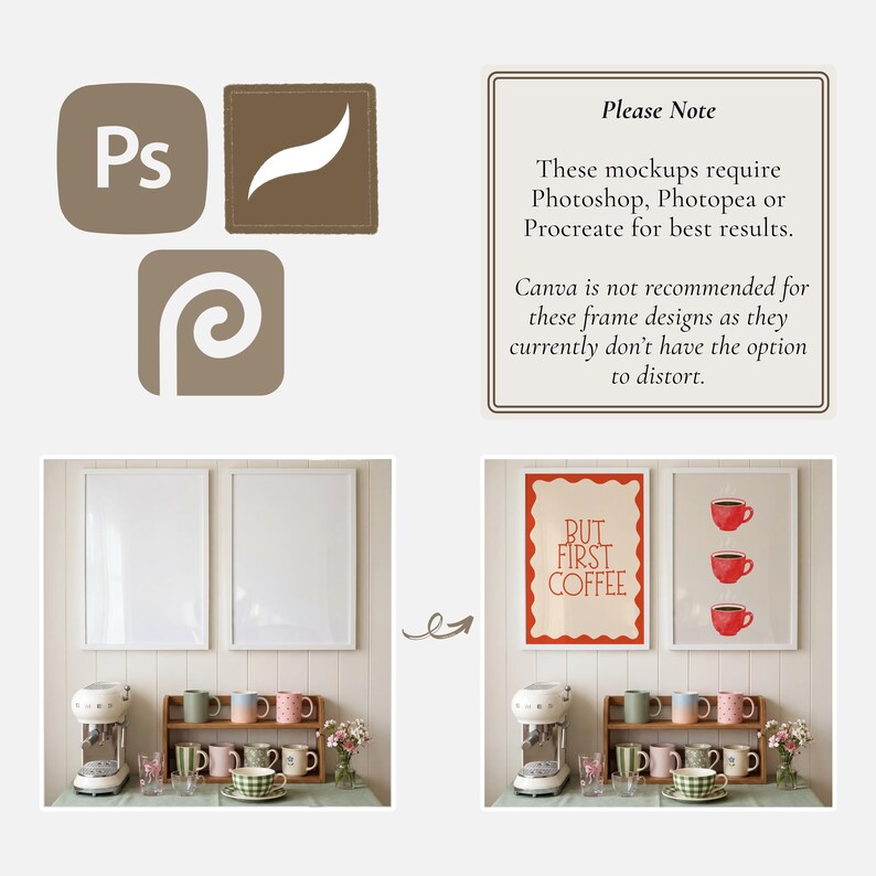 May include: Image showcasing a mockup design with framed art prints. The prints feature coffee-themed artwork, including the text "BUT FIRST COFFEE" and red coffee cup illustrations. The image also displays software icons and a note about using Photoshop, Photopea, or Procreate.