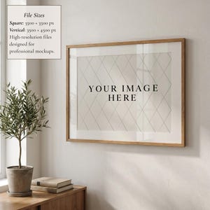 Horizontaal framemodel PSD | Mockup voor muurkunst met een verhouding van 5:4 | Realistisch houten frame | Slim object + jpeg afbeelding 3
