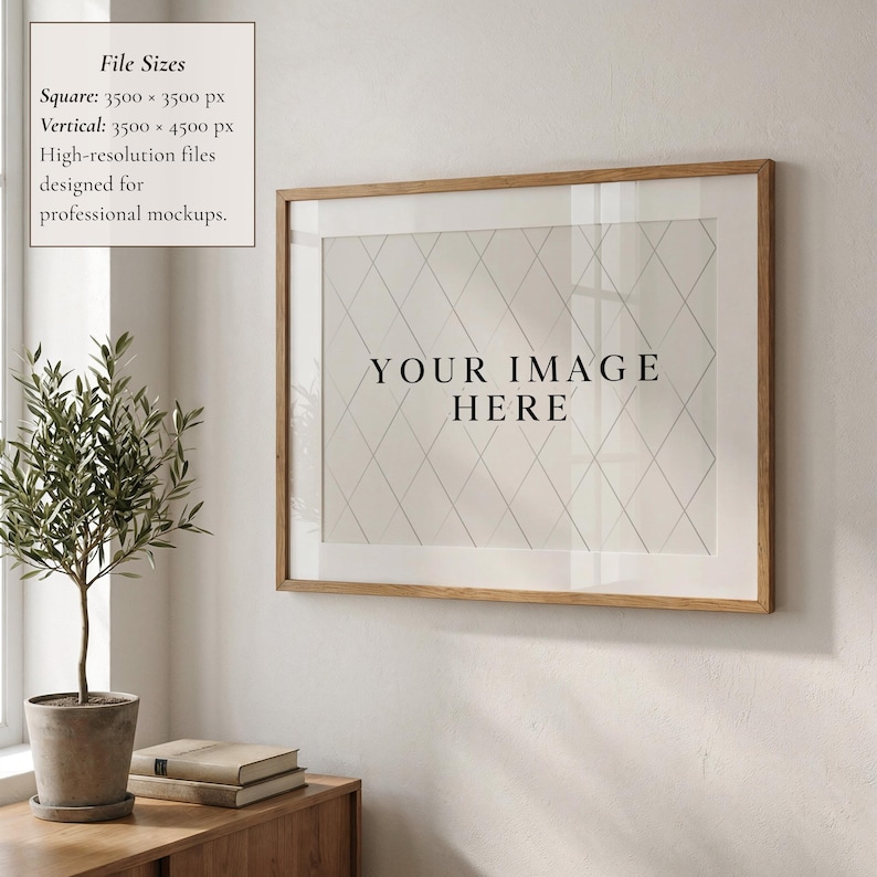 Horizontaal framemodel PSD | Mockup voor muurkunst met een verhouding van 5:4 | Realistisch houten frame | Slim object + jpeg afbeelding 3