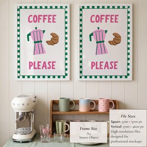 May include: Two framed art prints with the words "COFFEE PLEASE" in pink, featuring a pink coffee maker and a croissant. A white SMEG espresso machine and various mugs are displayed below.
