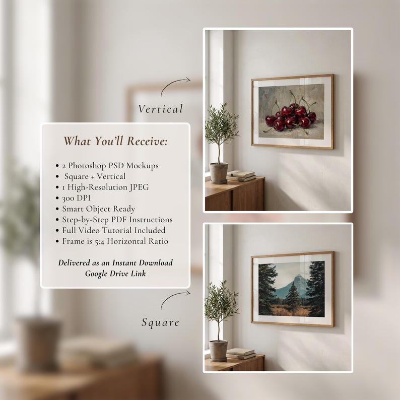 Horizontaal framemodel PSD | Mockup voor muurkunst met een verhouding van 5:4 | Realistisch houten frame | Slim object + jpeg afbeelding 2