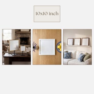 May include: A collection of square picture frames, including a 10x10 inch frame, displayed in various settings. Some frames are on stands, others are mounted on a wall above a sofa with decorative pillows.