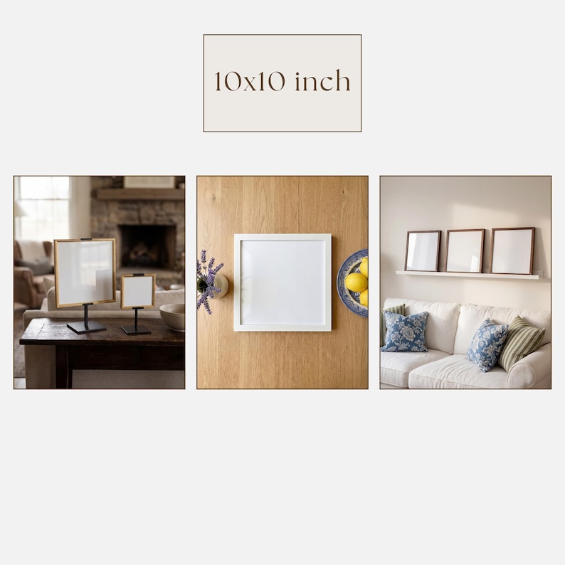 May include: A collection of square picture frames, including a 10x10 inch frame, displayed in various settings. Some frames are on stands, others are mounted on a wall above a sofa with decorative pillows.