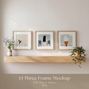 May include: Three framed art prints featuring a hummingbird, a person, and an ice cream cone. The prints are in light wood frames and are displayed above a wooden shelf. A vase of flowers and a potted plant are also on the shelf.