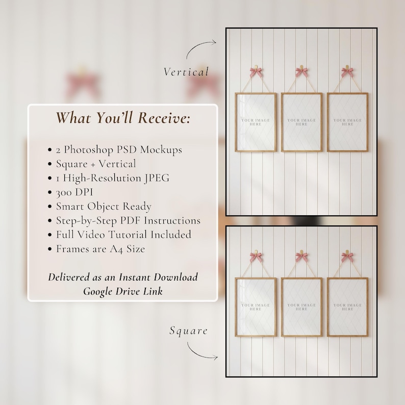 May include: A mockup image showcasing six A4-sized frames with wooden borders, displayed in vertical and square arrangements. Each frame is suspended by a string and decorated with a pink bow. The text "YOUR IMAGE HERE" is visible in each frame. The image also includes a list of features.