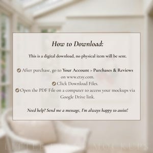 Puede incluir: Una hoja informativa de descarga digital con el t&iacute;tulo "How to Download:" e instrucciones sobre c&oacute;mo acceder a los archivos digitales despu&eacute;s de la compra. El texto incluye los pasos para descargar desde Etsy y una nota sobre la necesidad de ayuda.