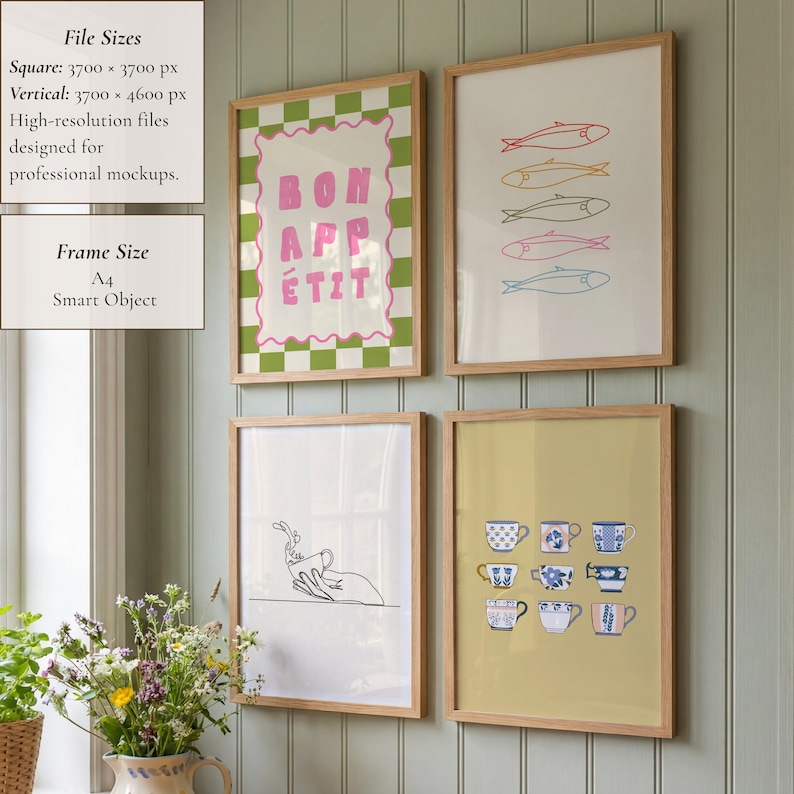 A4 Gallery Wall Mockup PSD, Frame Gallery Mockup, Multiple Frame Mockup, A4 Frame Set Mockup, Wall Art Mockup, Editable PSD Mockup image 3