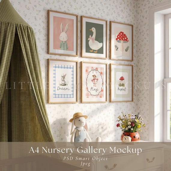 A4 Nursery Gallery Wall Mockup PSD, 6 Frame Mockup Set, Kids Room Mockup, Nursery Wall Art Mockup, Children’s Poster Mockup, A4 Frame Mockup