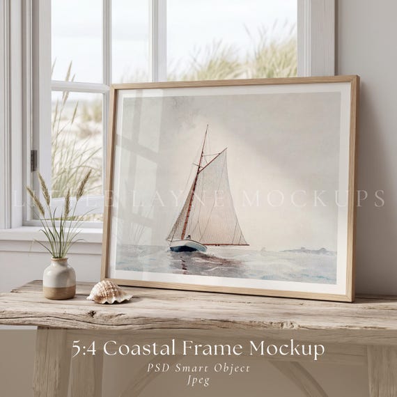 20x16 Frame Mockup PSD, Coastal Frame Mockup, 5:4 Frame Mockup, Beach House Wall Art Mockup, Horizontal Poster Mockup, Coastal Decor Mockup