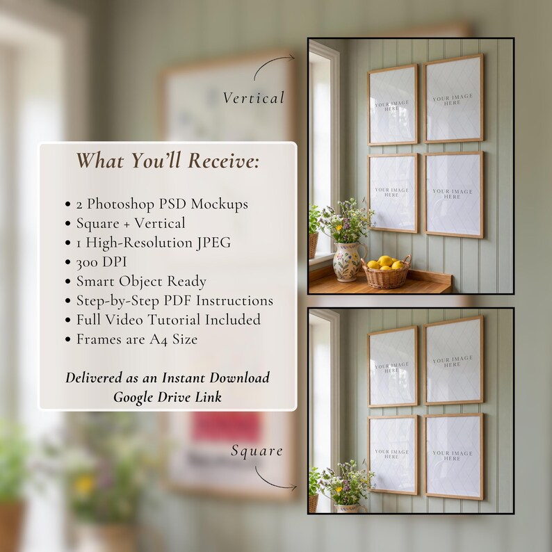 May include: Mockup image featuring six framed prints with wooden frames, arranged on a green wall. The text on the image states: "What You'll Receive: 2 Photoshop PSD Mockups, Square + Vertical, 1 High-Resolution JPEG, 300 DPI, Smart Object Ready, Step-by-Step PDF Instructions, Full Video Tutorial Included, Frames are A4 Size."