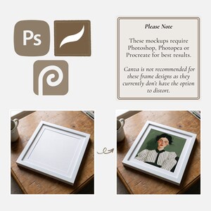May include: Image showcasing a white framed artwork mockup. The image includes the Photoshop, Procreate, and Photopea logos, along with a note stating the mockups require these programs for best results. The image also shows a framed art print.