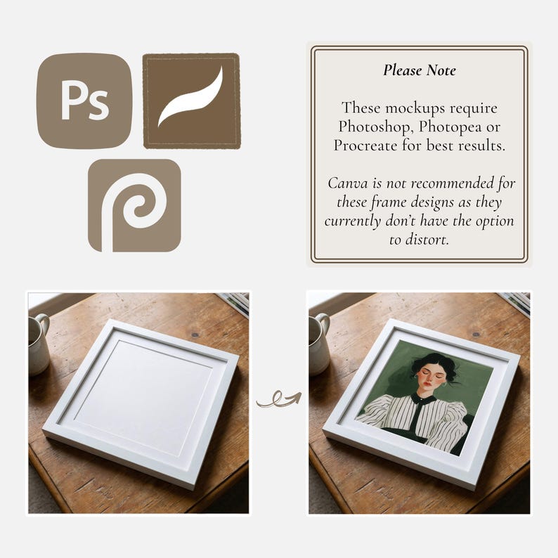 May include: Image showcasing a white framed artwork mockup. The image includes the Photoshop, Procreate, and Photopea logos, along with a note stating the mockups require these programs for best results. The image also shows a framed art print.