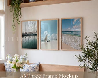 A3 Three Frame Mockup PSD, Coastal Wall Art Mockup, Triple Frame Mockup, Beach Home Decor Mockup, Editable PSD Mockup