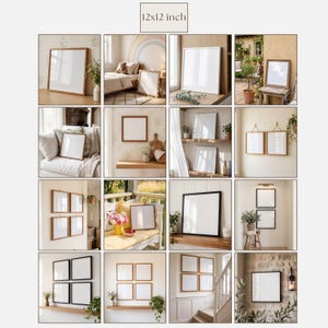 May include: A collection of square picture frames, each 12x12 inches, displayed in various interior settings. Frames are shown in wood and black finishes, with white matting. The image includes text that reads "12x12 inch".