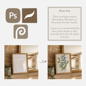 May include: Image showcasing a mockup with a gold-framed print. The print features a botanical illustration of blue flowers and green leaves. The image also includes icons for Photoshop, Procreate, and Photopea, with a note about using these programs for best results.