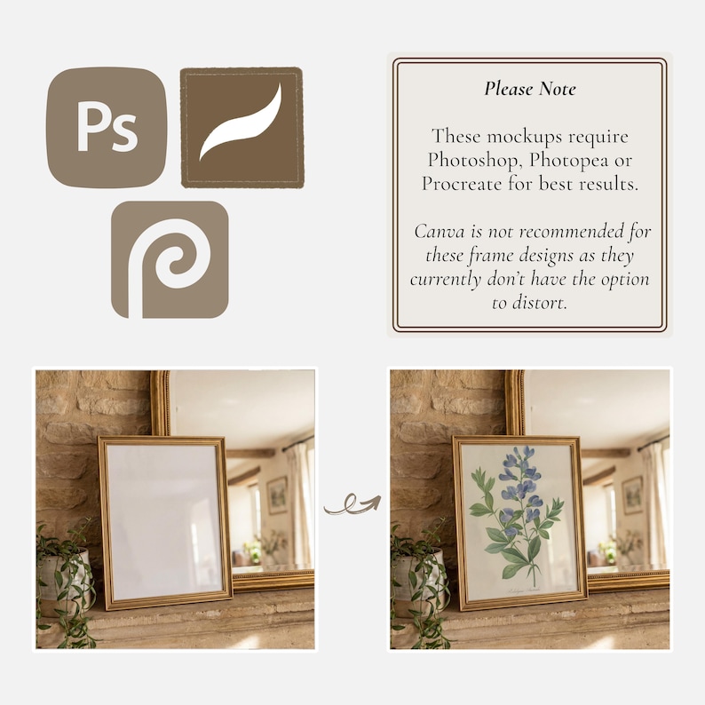 May include: Image showcasing a mockup with a gold-framed print. The print features a botanical illustration of blue flowers and green leaves. The image also includes icons for Photoshop, Procreate, and Photopea, with a note about using these programs for best results.