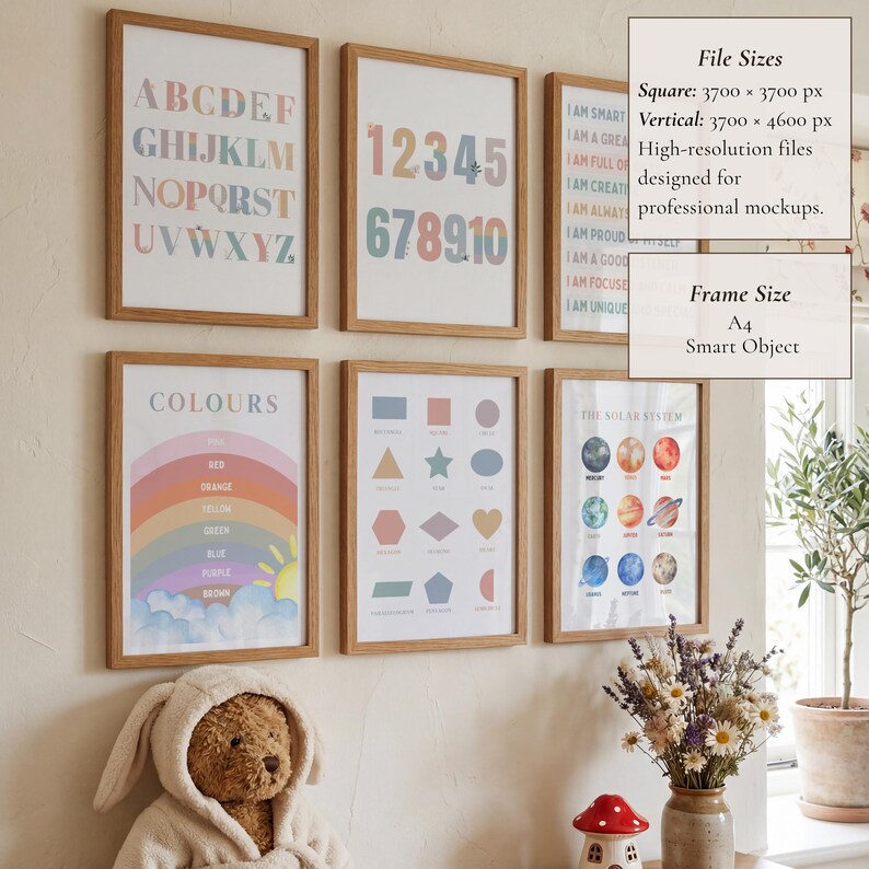 May include: A collection of framed educational prints, including an alphabet chart, a numbers chart, a colors chart, a shapes chart, and a solar system chart. The prints are in wooden frames and are displayed on a wall. The color palette is soft and pastel.