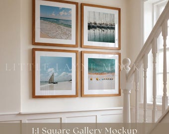 12x12 Square Four Frame Mockup PSD, 1:1 Gallery Wall Mockup, Square Wooden Frame Mockup, Realistic Wall Art Mockup