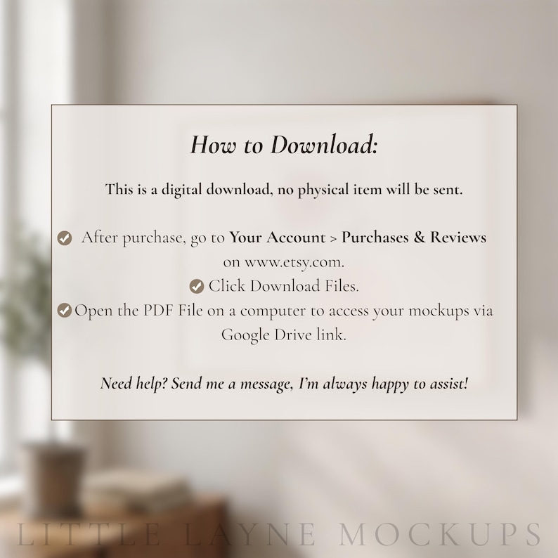Op de afbeelding: Een witte rechthoekige kaart met de tekst "How to Download:" en instructies voor digitale downloads. De kaart bevat stappen voor toegang tot bestanden na aankoop op Etsy en een Google Drive-link. De onderkant van de kaart luidt "LITTLE LAYNE MOCKUPS".