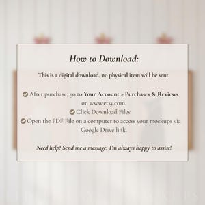 May include: A card with instructions on how to download a digital item. The text includes steps to access the download from Etsy and a Google Drive link. The card is set against a blurred, neutral background. The text reads "How to Download:"