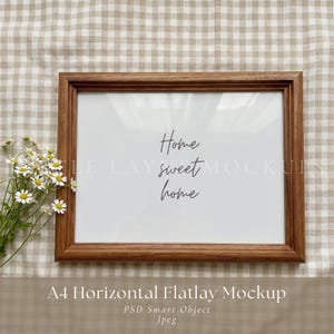 A4 horizontaal framemodel PSD, flatlay framemodel, gingham-mockup, gezellige lijstmodel, bewerkbaar PSD-model, muurkunstmodel, Etsy-model