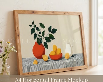Horizontal Frame Mockup PSD | A4 Landscape Wall Art Mockup | Realistic Wooden Frame | Smart Object + JPEG