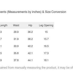 May include: A product size chart with measurements in inches. The chart includes sizes S, M, L, XL, and 2XL, with corresponding bottom length, waist, hip, and leg opening measurements. The text states the data may vary by 0.4 to 1.2 inches.