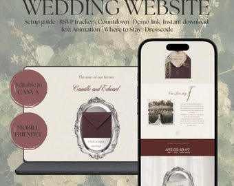 Wedding website template Canva | Brown Velvet Editable Digital Wedding Invitation with RSVP | Instant Download