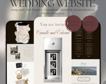 Wedding website template Canva | Brown Photo booth Digital Wedding Invitation with RSVP | Instant Download