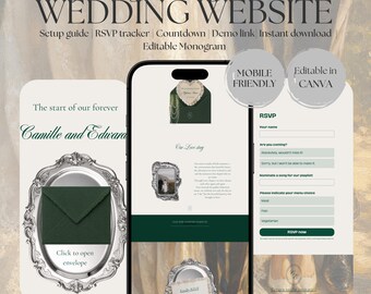 Wedding website template Canva | Silver & Emerald Editable Digital Wedding Invitation with RSVP | Instant Download