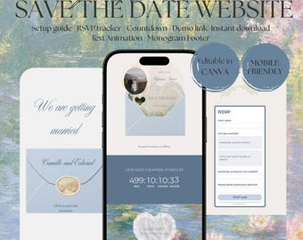 Giverny Blue Save the Date Website Template | Digital Wedding Invitation with RSVP | Instant Download