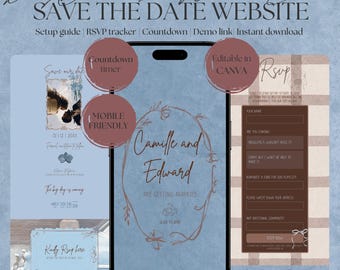 Whimsical Dusty Blue and Brown Save the Date Website Template | Editable Canva Template | Instant Download