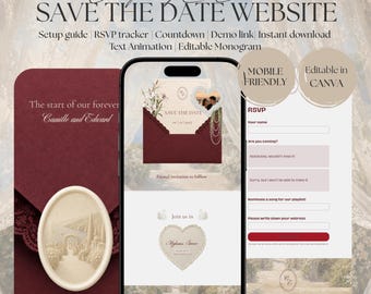 Burgundy Love Save the Date Website Template | Wedding Invitation with RSVP | Instant Download