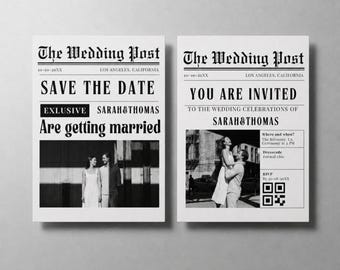 Wedding invitation newspaper template with photo | Save The Date | Editable | Canva