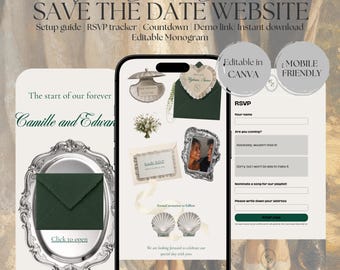 Silver & Emerald Save the Date Website Template | Wedding invitation with RSVP | Instant Download