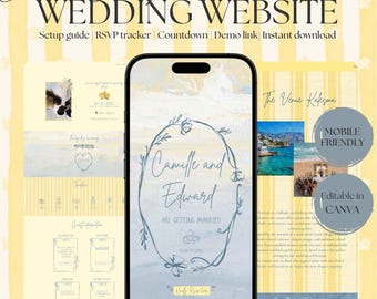 Whimsical Wedding Website Template | Dusty Blue and Butteryellow Digital Invitation with RSVP | Instant Download