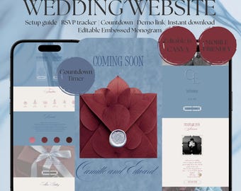 Wedding Website Template | Burgundy and Dusty Blue Digital Invitation with RSVP | Instant Download