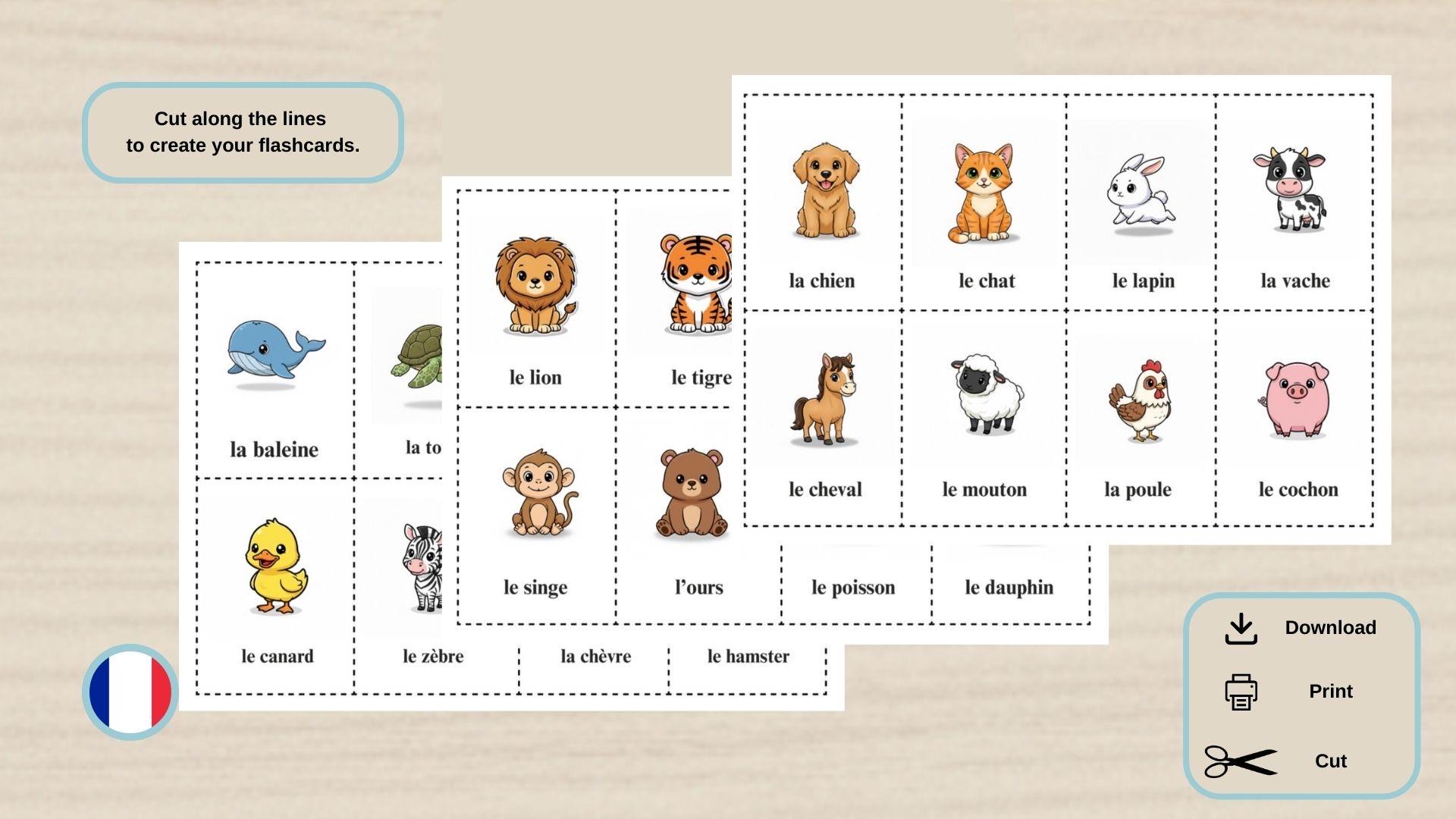 French- Animals- Printable Flashcards- for Kids and Beginners- Learning