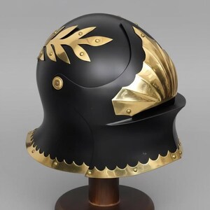 Medieval German Sallet Helmet Steel Close Helm Black Gold Armor LARP Cosplay Collectible Display