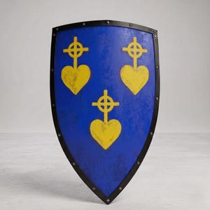 May include: A heater-style shield with a blue face and a black metal border secured by rivets. The blue surface features three yellow symbols, each consisting of a heart shape topped with a cross, arranged in a triangular pattern on the shield.